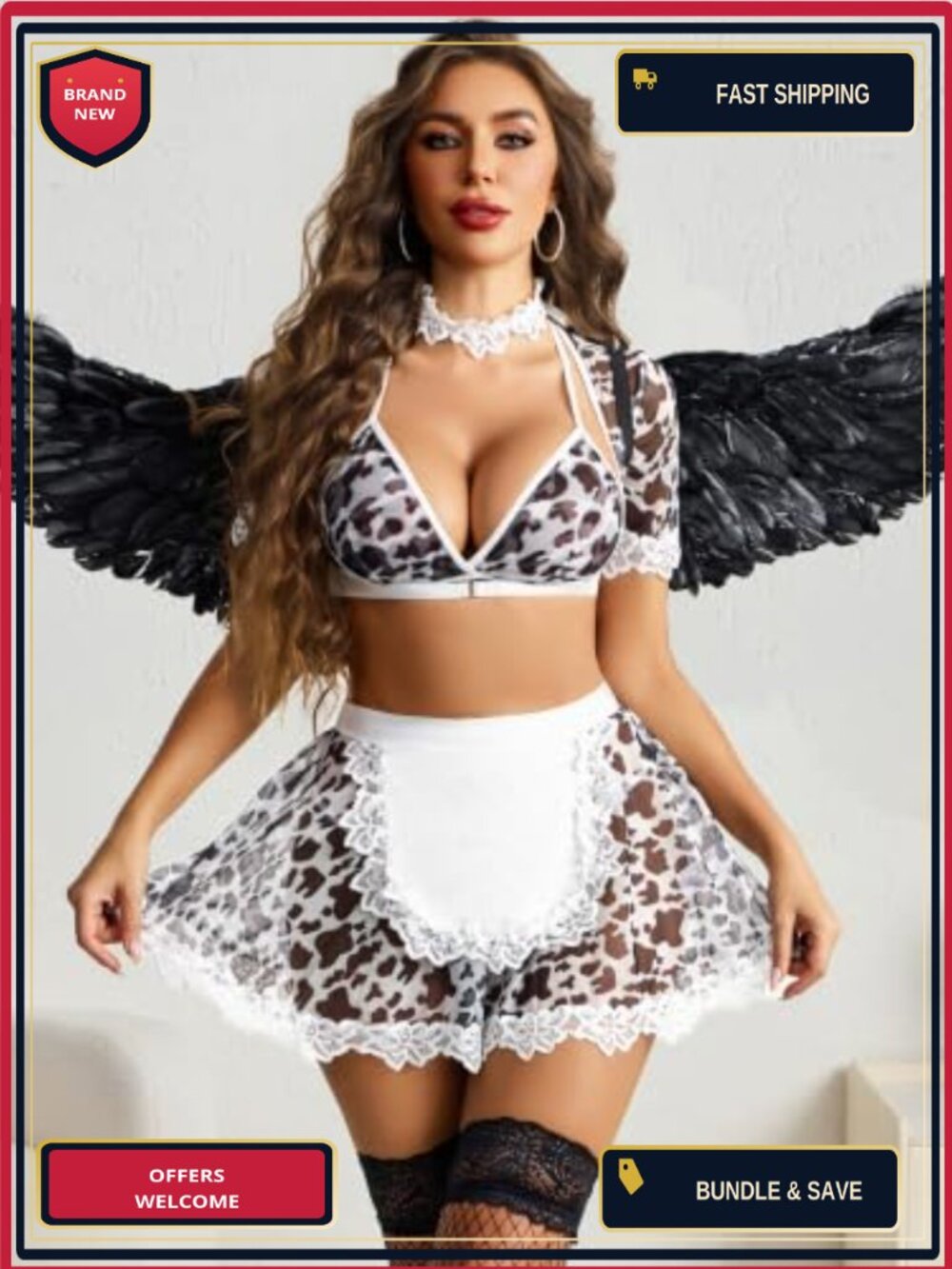 Avidlove Mesh Lace Cosplay Costume Set 6 PCS French Maid Lingerie Outfit - Picture 5 of 6